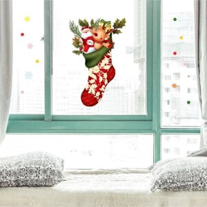 Наклейка пластик интерьерная цветная 'Дед Мороз с помощниками в новогоднем носке' 20х30 см