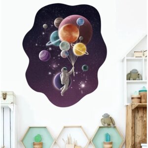 Наклейка пластик интерьерная цветная 'Космонавт с планетами-шарами' 30х45 см