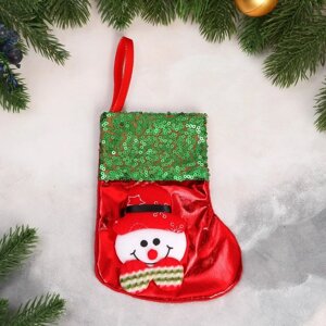 Носок для подарков 'Снеговик блеск, снежинка' 13х16 см, красно-зелёный