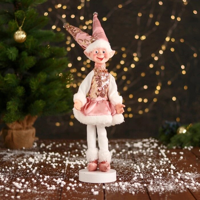 Новогодний шут 'В платье с пайетками и мехом' 30 см, розово-белый от компании Интернет-магазин "Flap" - фото 1