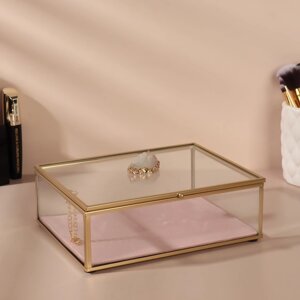 Органайзер для хранения 'Кристалл'с крышкой, стеклянный, 1 секция, 20 x 16,8 x 9 см, цвет прозрачный/медный/розовый