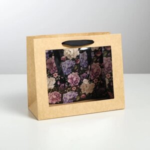 Пакет подарочный крафтовый с пластиковым окном, упаковка, Flowers'24 х 20 х 11см