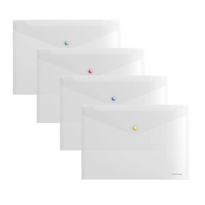 Папка-конверт на кнопке А4, 160 мкм, ErichKrause Glossy Clear, глянцевая, с цветной кнопкой, прозрачная, микс (комплект