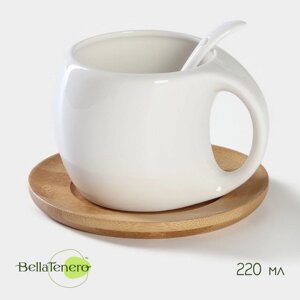 Чайная пара керамическая с ложкой BellaTenero, 3 предмета чашка 220 мл, ложка, деревянное блюдце, цвет белый