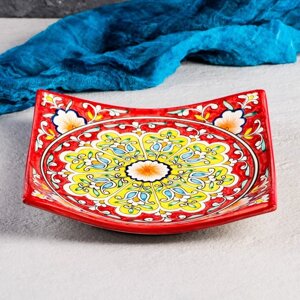 Тарелка Риштанская Керамика 'Узоры', красная, 20 см, квадратная