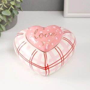 Шкатулка керамика 'Розовое сердце в горошек, в клеточку' 15,7х15,3х8,2 см