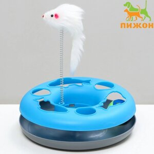 Игрушка для кошек 'Загадочный круг - Рыбки', мышь на пружине и шарик, 23 х7 см, голубая/серая