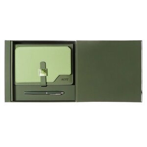 Органайзер на кольцах А6+, 80 листов, кожзам, c хлястиком, линия, с ручкой, в подарочной коробке, зеленый