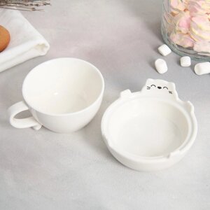 Набор керамический для чаепития 'Белый кот', кружка 150 мл, миска 10х3 см, цвет белый