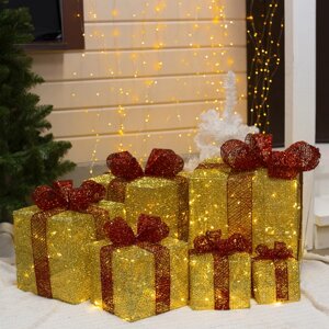 Светодиодная фигура 'Подарки с красной лентой' 15, 20, 25, 30, 35, 40 см, текстиль, металл, 220 В, 8 режимов, свечение