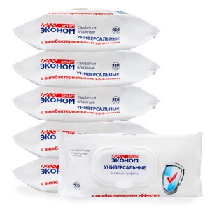 Влажные салфетки Эконом Smart антибактериальные, 6 упаковок по 120 шт