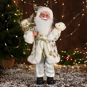 Дед Мороз 'В узорчатом кафтане' музыка шевелит головой, 43 см, бело-золотой