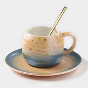 Чайная пара керамическая 'Магия', 3 предмета кружка 260 мл, блюдце d15,8 см, ложка h14 см, цвет оранжево-синий