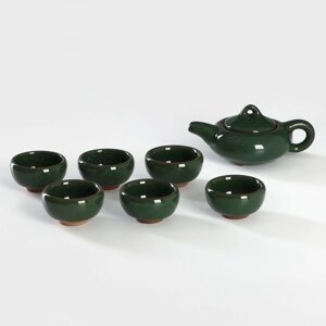 Набор для чайной церемонии керамический 'Лунный камень', 7 предметов чайник 150 мл, 6 пиал 50 мл, цвет зелёный