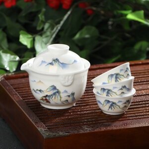 Набор чайный керамический 'Восточная мудрость', 4 предмета 3 пиалы 40 мл, гайвань 240 мл, цвет белый