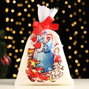 Мешок новогодний 'Дедушка мороз и зверята', атлас, полноцветная печать, 21х35 см (комплект из 5 шт.)