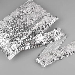 Тесьма декоративная с пайетками, на резинке, 3,5 см, 9 0,5 м, цвет серебряный