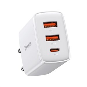 Зарядное устройство Baseus Compact Quick Charger 2*USB+USB-C, 3A, 30W, белый