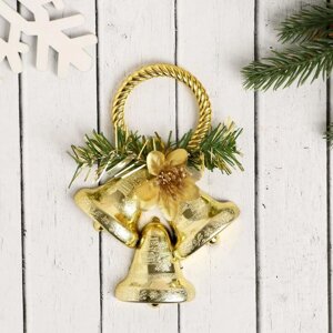Украшение новогоднее 'Три колокольчика с цветком на кольце' 10х14,5 см, золото