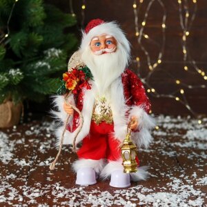 Дед Мороз 'В костюме с пайетками, с фонариком' двигается, с подсветкой, 28 см, красный