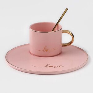 Кофейная пара керамическая 'Любовь', 3 предмета кружка 200 мл, блюдце d20 см, ложка h14 см, цвет розовый