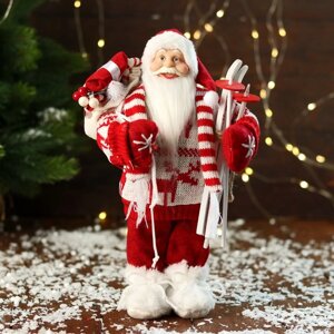 Дед Мороз 'В вязаном костюме, с лыжами и мешком' 30 см