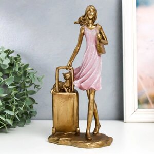 Сувенир полистоун 'Девушка в розовом платье с чемоданом и котом' 10х12,5х25,5 см