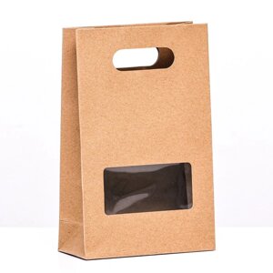 Коробка-пакет, крафт с окном и ручкой, 23 х 15 х 6 см (комплект из 5 шт.)