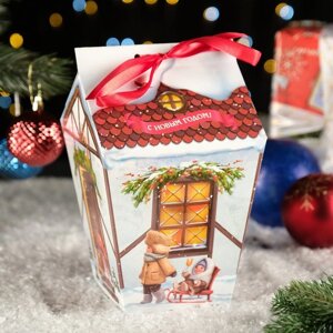 Подарочная коробка 'Праздничный домик' бежевый с бантом, 14 х 14 х 21,3 - 9,6 х 9,6 х 22 см (комплект из 10 шт.)