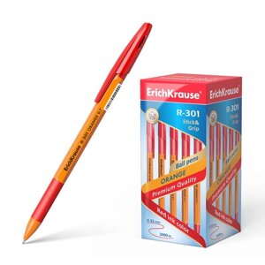 Ручка шариковая Erich Krause R-301 Orange Stick Grip, узел 0.7 мм, чернила красные, резиновый упор, длина линии