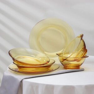 Сервиз стеклянный столовый 'Дымка', 6 предметов 2 бульонницы 450 мл, 2 тарелки 500 мл, 2 тарелки d23см, цвет жёлтый