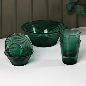 Набор стеклянной посуды 'Вино Верде', 5 предметов 2 стакана 330 мл, 2 тарелки 280 мл, салатник 1,6 л, цвет зелёный