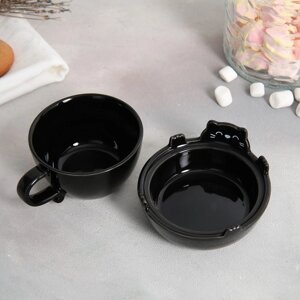 Чайная пара керамическая 'Черный кот', кружка 150 мл, миска 10х3 см, цвет чёрный