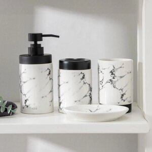 Набор аксессуаров для ванной комнаты 'Мраморный металл', 4 предмета (мыльница, дозатор 400 мл, два стакана), цвет белый