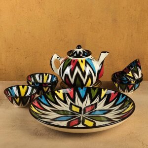Набор чайный Риштанская керамика 'Атлас 3', 9 предметов (чайник 0,8л, пиалы 0,2л)