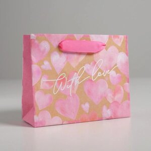 Пакет подарочный крафтовый горизонтальный, упаковка, 'With love', S 15 х 12 х 5,5 см