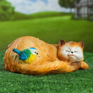 Садовая фигура 'Кошка спящая с птичкой' 13х29см