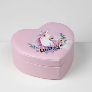 Органайзер для украшений портативный с зеркалом 'Шкатулка сердце единорог', 17x15x7 см, цвет розовый