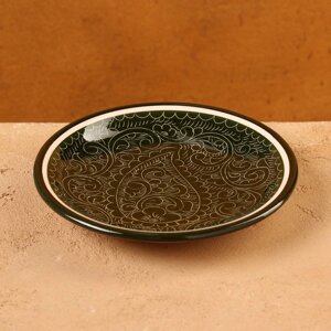 Тарелка Риштанская Керамика 'Узоры', зелёная, плоская, 15 см