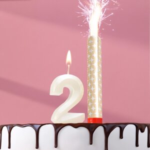 Свеча в торт 'Грань + фонтан', цифра '2', жемчужный, 6,5 см