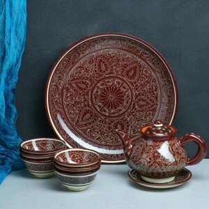 Набор чайный Риштанская Керамика 'Узоры', 9 предметов, (чайник 0.8 л, пиалы 0.3 л)