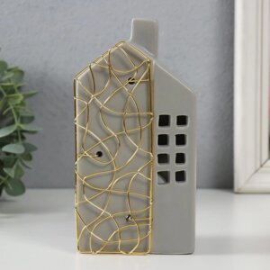 Подсвечник керамика, металл на 1 свечу 'Дом' серый с золотом 9х6,3х16,7 см