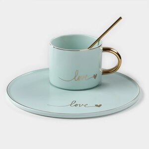 Кофейная пара керамическая 'Любовь', 3 предмета кружка 200 мл, блюдце d20 см, ложка h14 см, цвет голубой