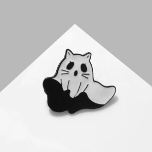 Значок 'Привидение' котёнок, цвет чёрно-белый в чёрном металле
