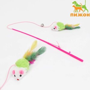 Дразнилка-удочка 'Цветная мышка', 32 см, белая/зелёная мышь на розовой ручке