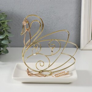 Сувенир керамика, металл подставка 'Лебедь' белый с золотом 15,5х10,5х15,3 см