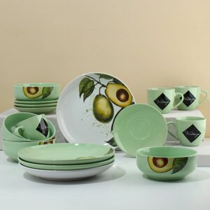 Набор посуды из керамики на 4 персоны 'Авокадо', 16 предметов 4 тарелки 23 см, 4 миски 14.5 см, 4 кружки 250 мл, 4