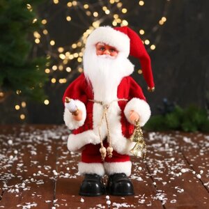 Дед Мороз 'С колокольчиками и с фонариком на посохе' 30 см, двигается, красно-белый