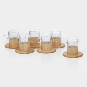 Сервиз чайный из стекла 'Мадера', 12 предметов 6 кружек 100 мл, 6 бамбуковых подставок d11 см