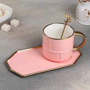 Чайная пара керамическая с ложкой 'Весна', 2 предмета кружка 300 мл, блюдце, цвет розовый